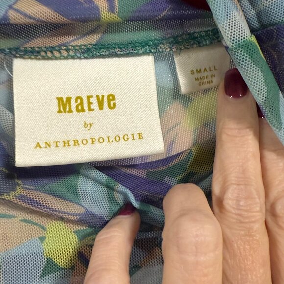 Anthropologie Maeve Sheer Mesh Floral Turtleneck‎ Top in Blue Motif Size S - Picture 3 of 7